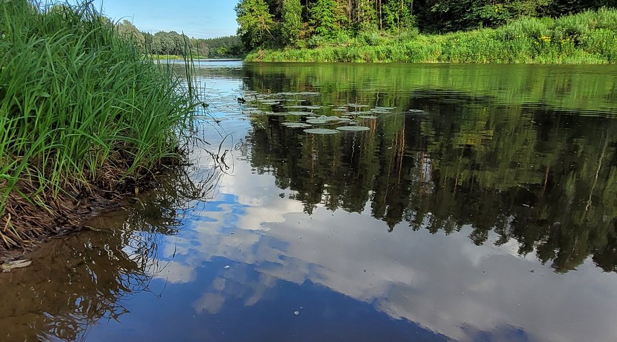 This image shows a scenic view of a river, located within the Sajūtu Parks in Valmiera, Latvia