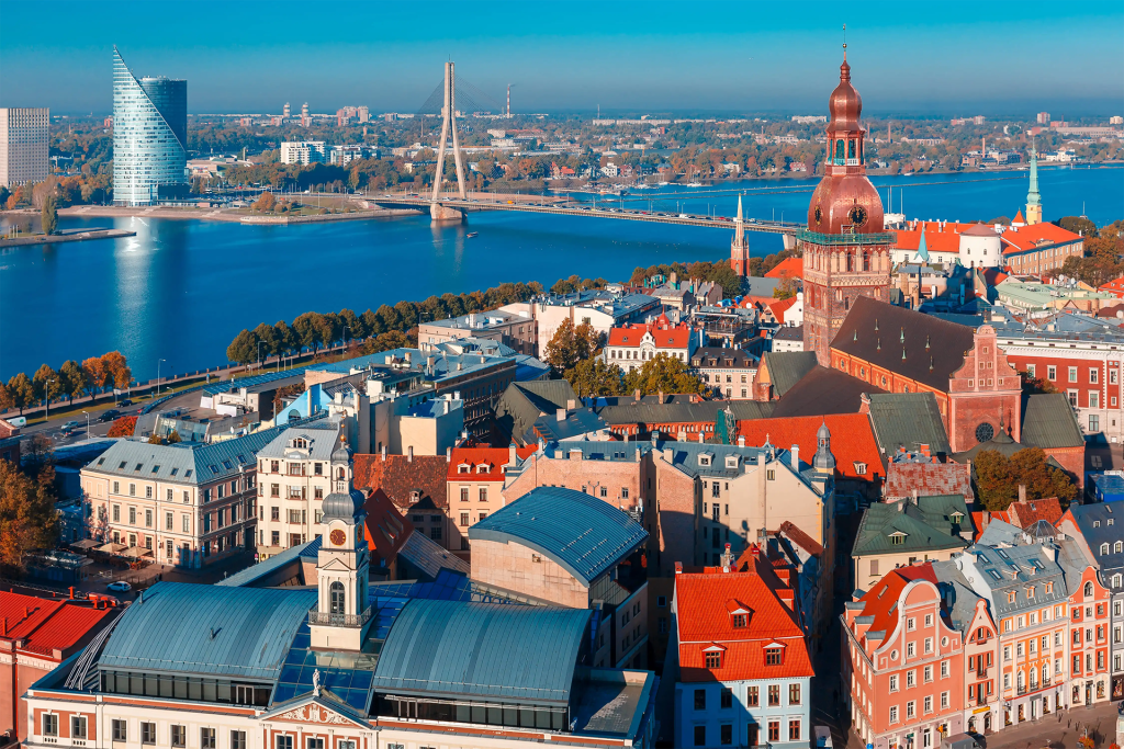 Riga old town and river panorama