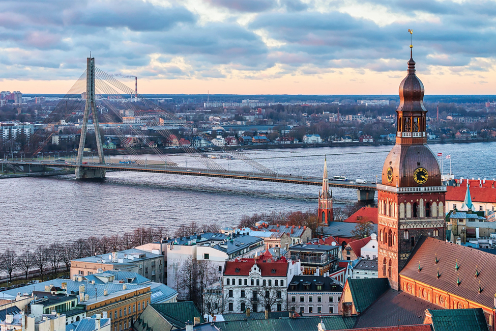 Riga Cathedral and cable bridge over Daugava River