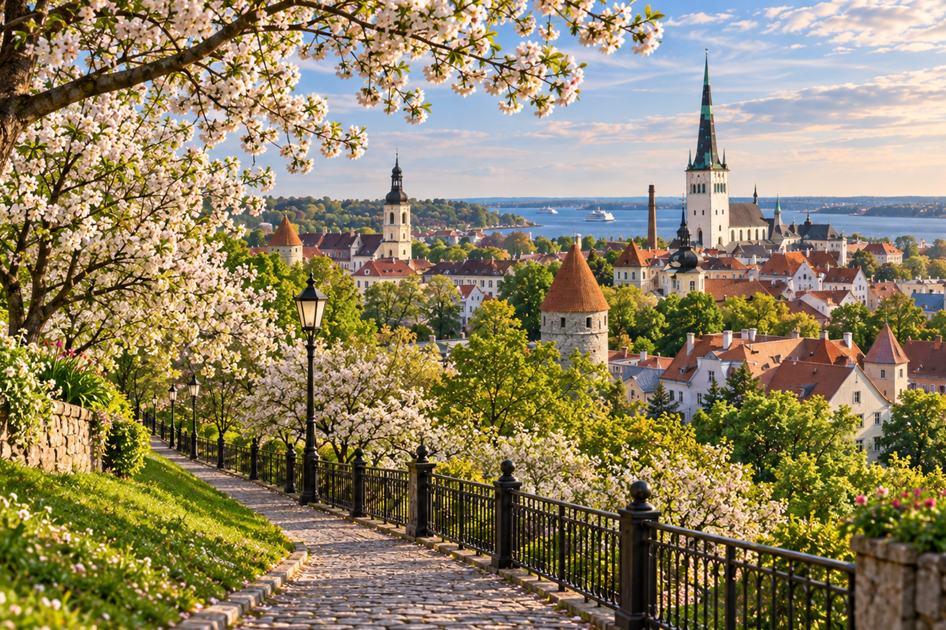 Spring view of Tallinn Old Town with blooming trees, historic towers and green city scenery