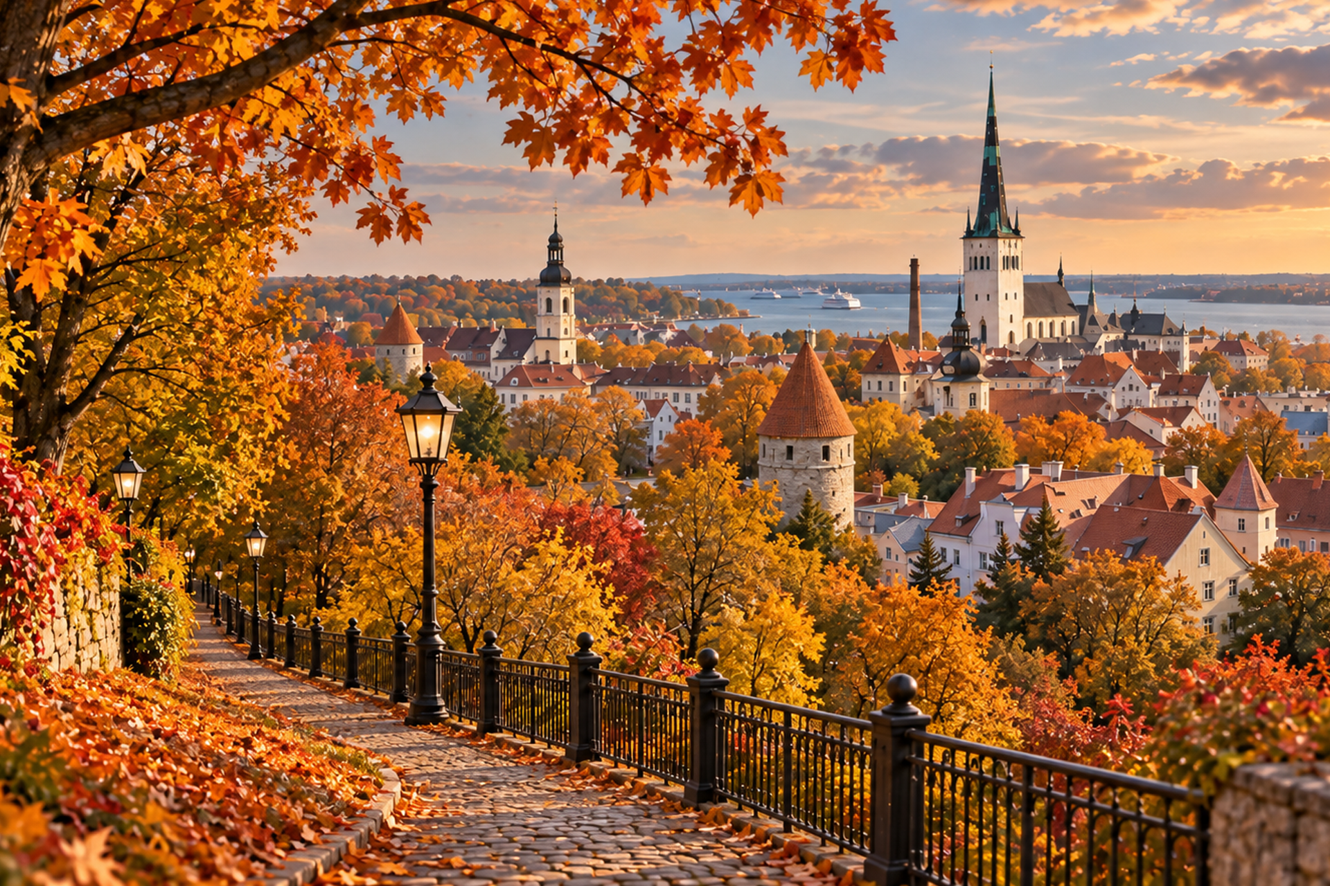 Tallinn Old Town during fall with historic medieval towers surrounded by colorful autumn foliage