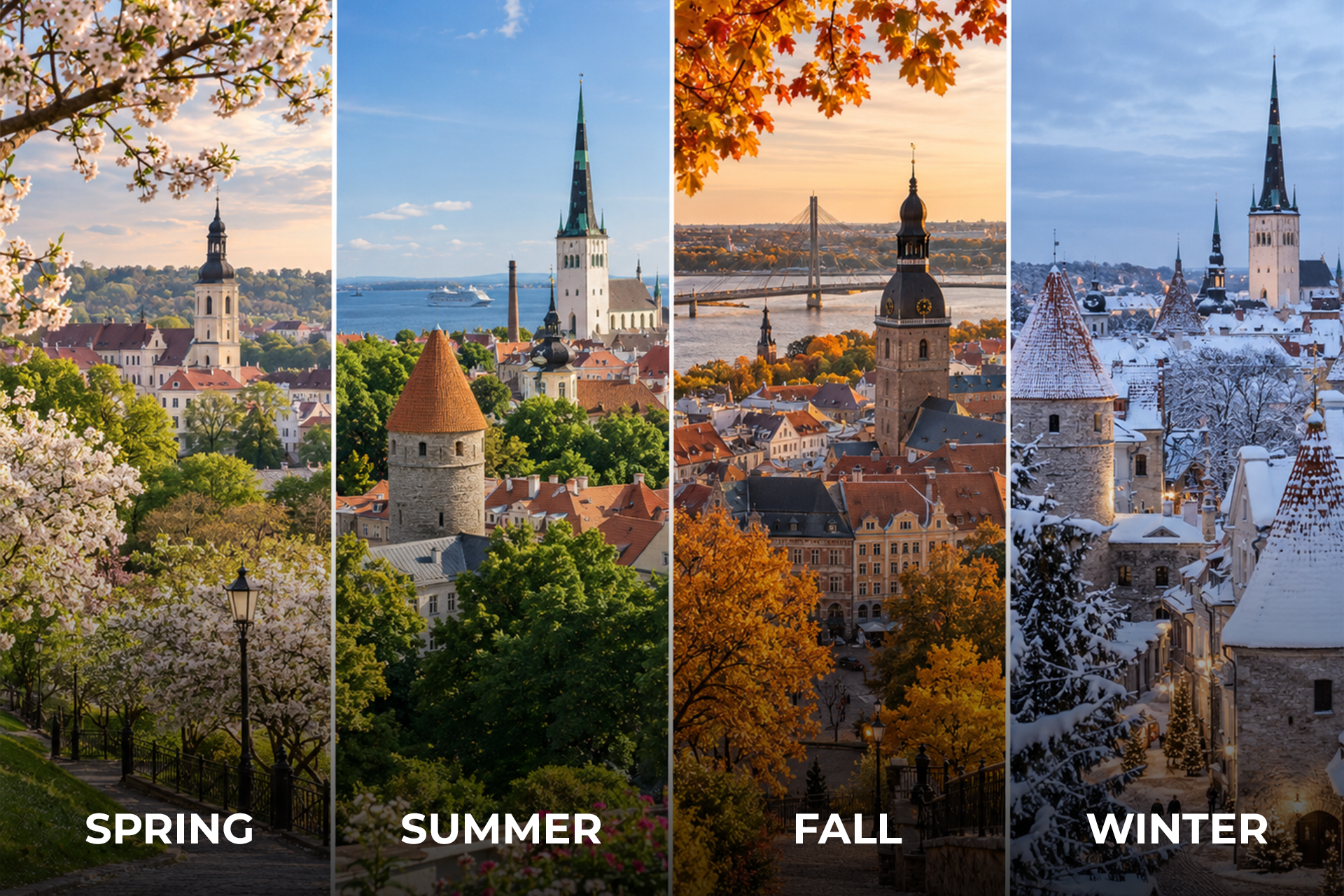 Tallinn Old Town in spring, summer, fall and winter showing how Estonia changes throughout the year