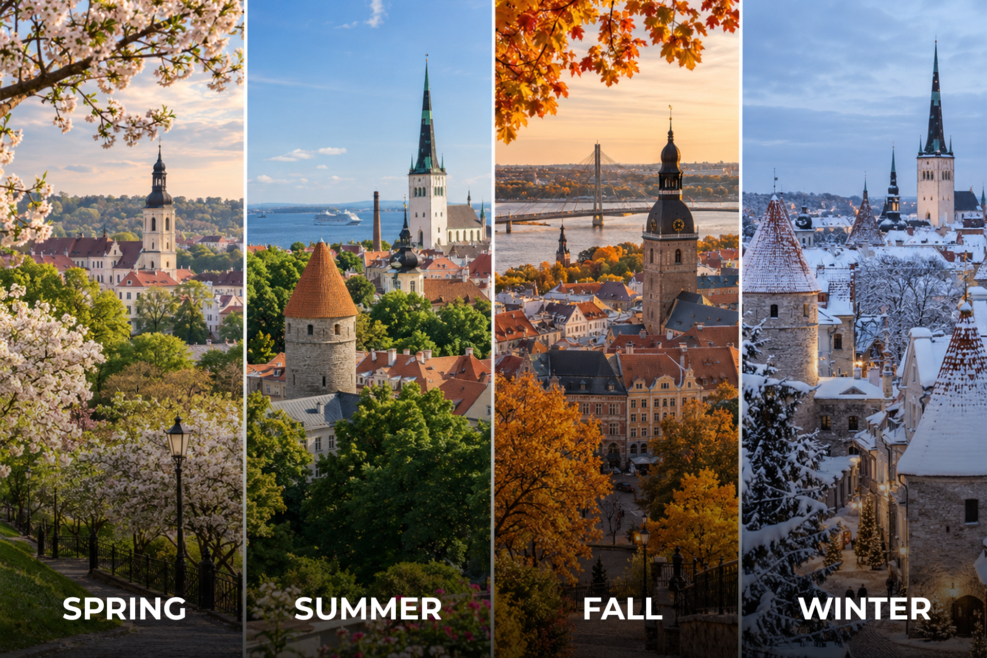 Tallinn Old Town in spring, summer, fall and winter showing how Estonia changes throughout the year