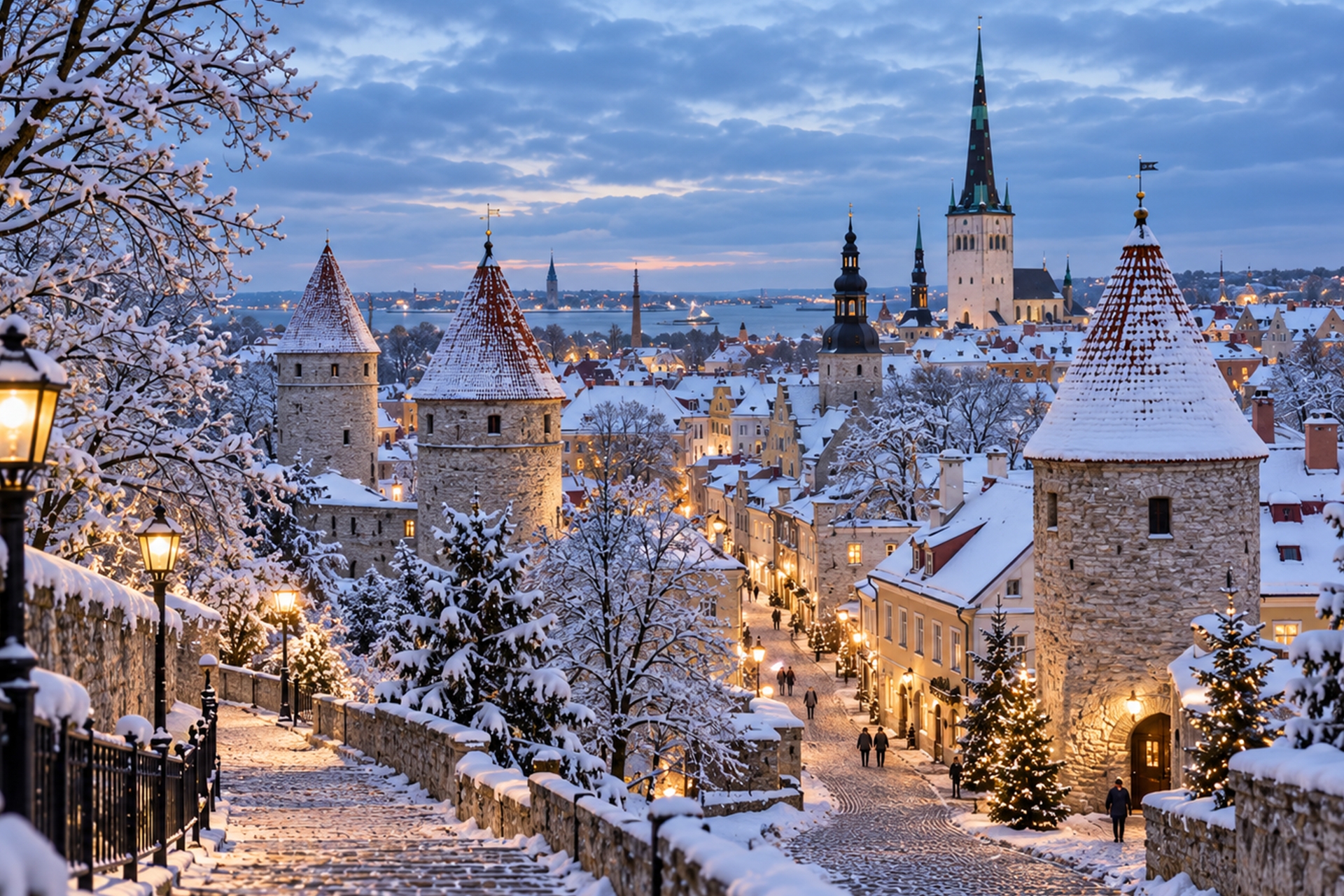 Snow-covered Tallinn Old Town in Estonia with medieval towers, historic streets and winter scenery