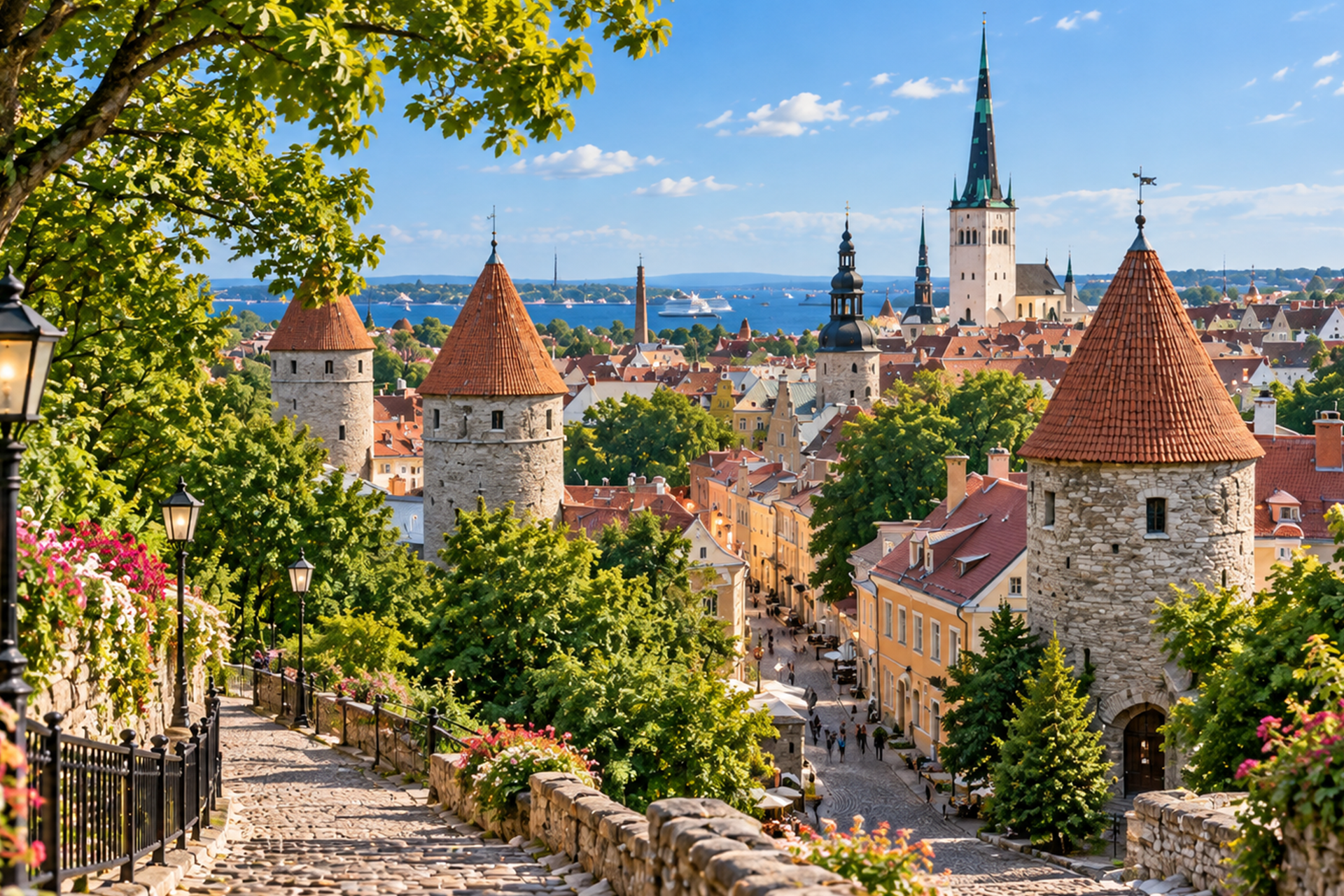 Summer view of Tallinn Old Town in Estonia with historic towers, red rooftops and lush green trees