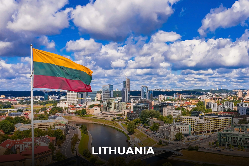 Vilnius Lithuania skyline with national flag