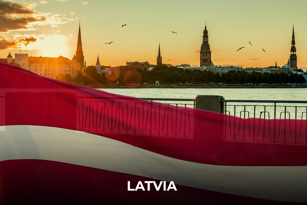 Riga Latvia skyline with national flag