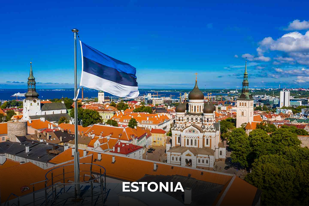 Tallinn Estonia Old Town with national flag