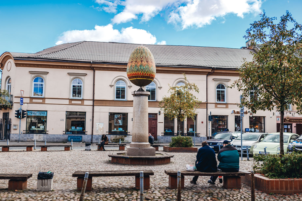 Traditional Easter egg sculpture in a Baltic town square