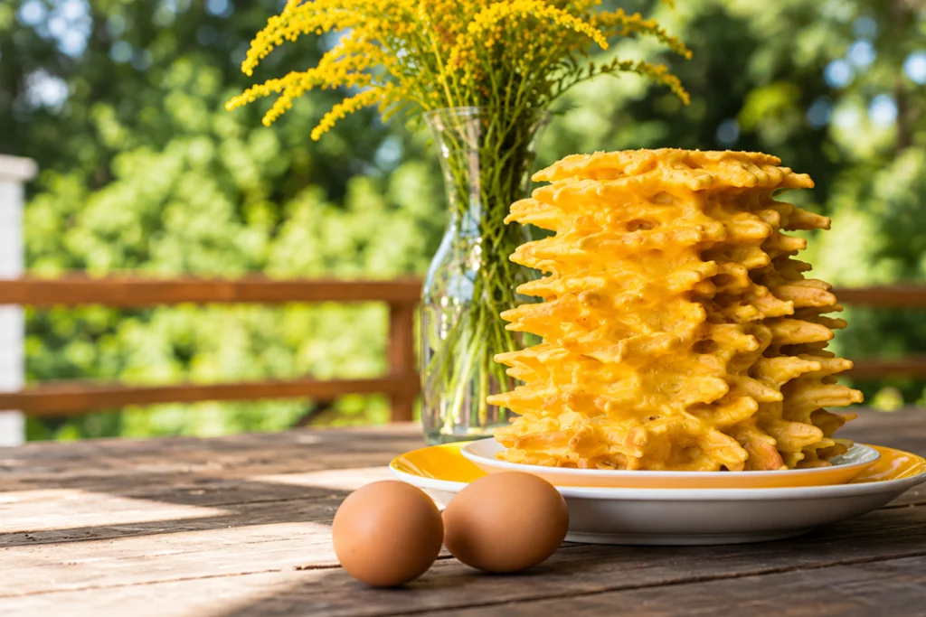 Golden Lithuanian Šakotis tree cake served on a plate outdoors.