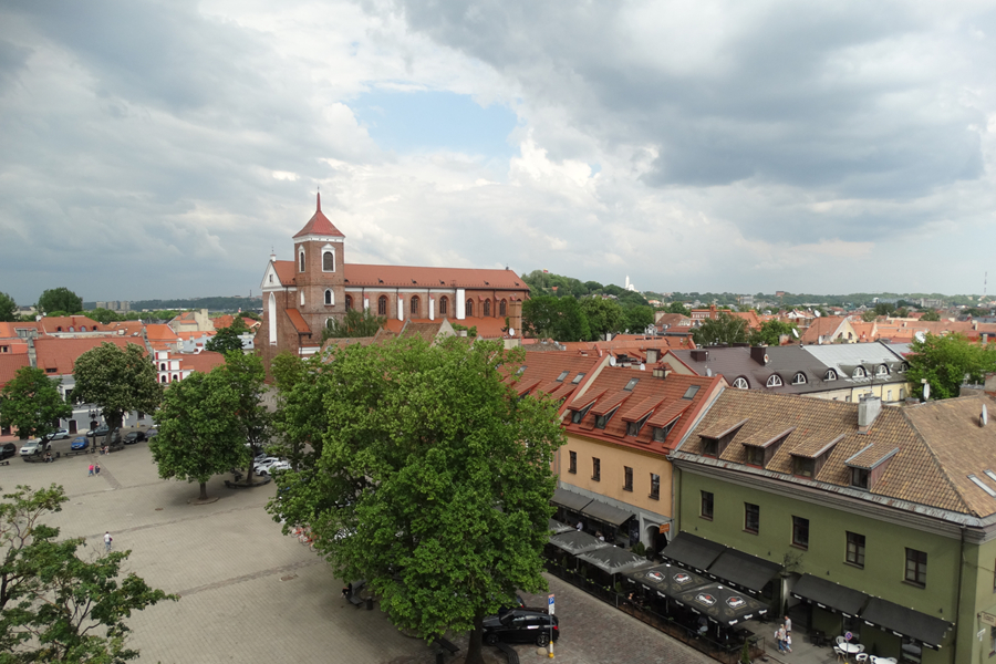 Kaunas Old Town with historic church and red-roofed buildings.