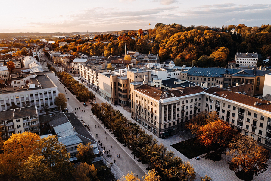 Aerial view of a Lithuanian city with autumn trees and historic buildings.
