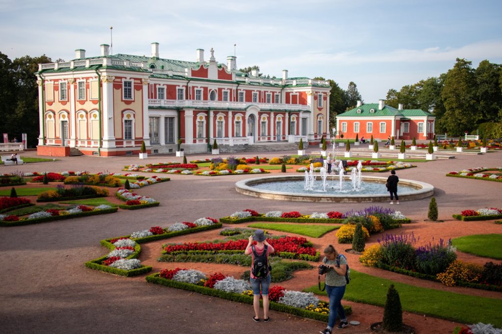 Kadriorg Palace with colorful gardens and fountain in Tallinn.